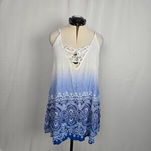 LA Class Boho Swimsuit Tank Coverup Women's L Blue Multi-Color NWT